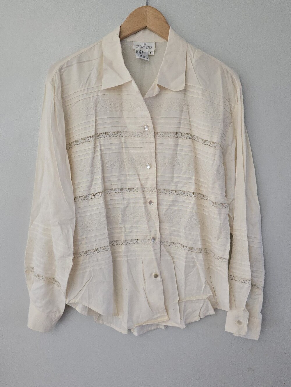 Carry Back Beige Ivory Lace Blouse 80s Victorian Cottagecore Size 6
